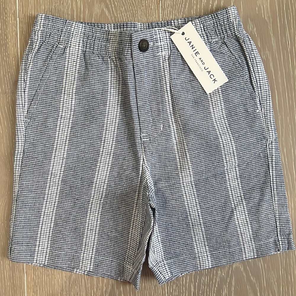 Janie and Jack size 6 boys plaid linen-cotton pull on shirt in navy/white NWT